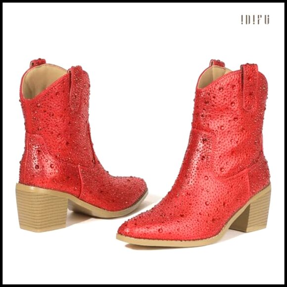 Rhinestone Cowgirl Ankle Boots Block Heel Pointed Toe Slip On Western - Picture 5 of 6